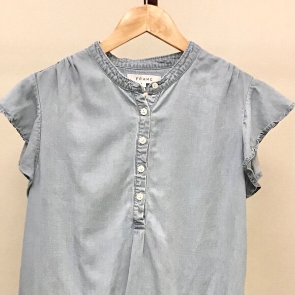 FRAME Large Flutter Sleeve Smocked Chambray Women’s Linen Blend Top Blouse - Picture 3 of 10